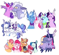 Size: 3500x3240 | Tagged: safe, artist:babypaste, derpibooru import, coloratura, rarity, screwball, starlight glimmer, trixie, twilight sparkle, twilight sparkle (alicorn), oc, oc:bunny hop, oc:happy daze, oc:majesty, oc:raspberry pie, oc:scroll flame, oc:sleepy pie, oc:splat pie, oc:twinkle wish, oc:vanity, alicorn, earth pony, hybrid, pegasus, pony, unicorn, adopted offspring, alternate design, baby, baby pony, bowtie, curved horn, female, glasses, hat, horn, hug, image, lesbian, magical lesbian spawn, magical threesome spawn, male, mother and child, mother and daughter, mother and son, multiple parents, offspring, parent:applejack, parent:coloratura, parent:pinkie pie, parent:pokey pierce, parent:princess luna, parent:rarity, parent:screwball, parent:starlight glimmer, parent:trixie, parent:twilight sparkle, parents:pokeyball, parents:rarajackpie, parents:startrix, parents:twiluna, png, polyamory, rara, rarajackpie, shipping, simple background, startrix, top hat, twitterina design, white background, winghug, wings