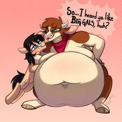Size: 3400x3400 | Tagged: suggestive, artist:metalface069, derpibooru import, arizona cow, oc, oc:chug-a-lug, them's fightin' herds, belly, belly button, big belly, commission, community related, fat, grin, headlock, huge belly, image, png, smiling
