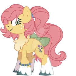 Size: 1280x1280 | Tagged: safe, artist:rohans-ponies, derpibooru import, posey, earth pony, pony, bow, chest fluff, deviantart watermark, female, freckles, g1 to g4, generation leap, image, looking at you, mare, obtrusive watermark, png, simple background, smiling, socks (coat marking), solo, tail bow, transparent background, unshorn fetlocks, watermark