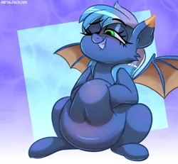 Size: 3000x2766 | Tagged: suggestive, artist:metalface069, derpibooru import, oc, unofficial characters only, bat pony, pony, abstract background, bat pony oc, bat wings, belly, belly button, big belly, blushing, chubby, commission, fat, female, grin, image, kneading, lip bite, mare, one eye closed, png, sitting, smiling, solo, squishy, squishy belly, wings, ych result, your character here