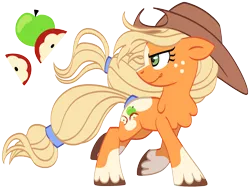 Size: 2048x1552 | Tagged: safe, artist:rohans-ponies, derpibooru import, applejack, earth pony, pony, chest fluff, coat markings, cutie mark, female, freckles, hat, image, looking back, mare, png, redesign, simple background, smiling, smirk, socks (coat marking), solo, standing, transparent background, unshorn fetlocks, walking, wind, windswept mane