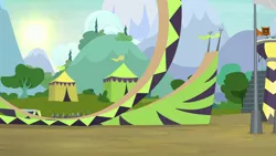 Size: 1280x720 | Tagged: safe, derpibooru import, screencap, the washouts (episode), background, bear trap, bleachers, image, mountain, no pony, pine tree, png, ramp, scenic ponyville, speaker, sun, swimming pool, tent, tree