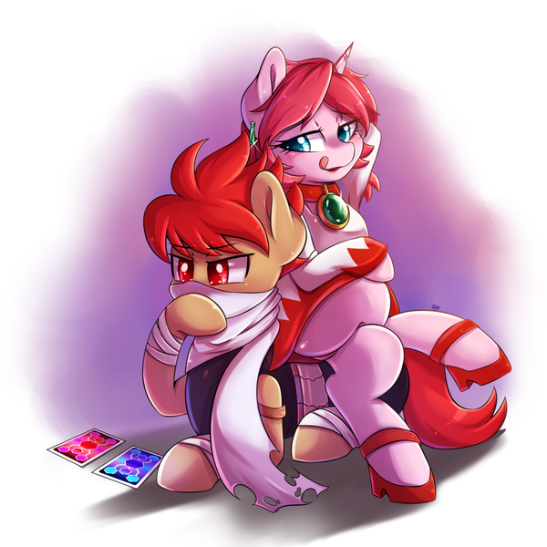 Size: 1056x1056 | Tagged: safe, artist:tikrs007, derpibooru import, oc, oc:blitz drive, oc:diamond stellar, earth pony, pony, unicorn, card, clothes, commission, crossed legs, high heels, image, png, shoes