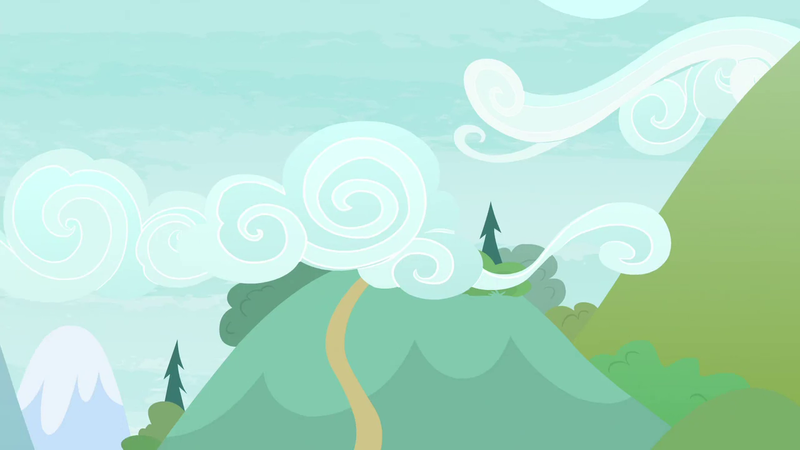 Size: 1280x720 | Tagged: safe, derpibooru import, screencap, the washouts (episode), background, cloud, hill, image, mountain, no pony, pine tree, png, scenic ponyville, tree