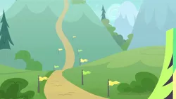 Size: 1280x720 | Tagged: safe, derpibooru import, screencap, season 8, the washouts (episode), spoiler:s08, background, bush, flag, hill, image, mountain, no pony, pine tree, png, ramp, scenic ponyville, tree