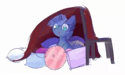 Size: 2448x1475 | Tagged: safe, artist:littleblackraencloud, derpibooru import, oc, oc:double colon, unofficial characters only, pony, unicorn, blanket, chair, cute, ear fluff, female, image, jpeg, looking at you, pillow, pillow fort, solo