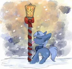 Size: 2134x2050 | Tagged: safe, artist:littleblackraencloud, derpibooru import, oc, oc:double colon, unofficial characters only, pony, unicorn, bow, christmas, clothes, eyes closed, female, holiday, image, jpeg, lamppost, pulling, scarf, silly, silly pony, snow, snowfall, solo, tongue out, tongue stuck to pole, winter