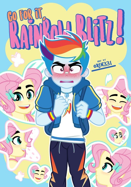 Size: 2808x4000 | Tagged: safe, artist:orin331, derpibooru import, fluttershy, rainbow dash, equestria girls, equestria girls series, absurd resolution, backpack, bandaid, blushing, bushy brows, butterblitz, butterscotch, clothes, female, flutterdash, gay, geode of super speed, go for it nakamura!!, image, laughing, lesbian, magical geodes, male, nervous, open mouth, pants, png, rainbow blitz, rule 63, shipping, smiling, sweatpants