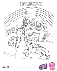 Size: 1500x1875 | Tagged: safe, derpibooru import, apple bloom, applejack, apple, barn, bow, coloring page, food, hair bow, happy, hat, hay, image, jumping, png, rainbow, rainbow power, sweet apple acres, tree
