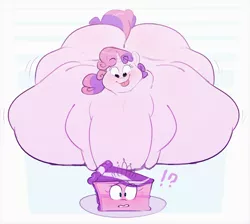 Size: 2430x2180 | Tagged: suggestive, artist:secretgoombaman12345, derpibooru import, diamond tiara, sweetie belle, belly, belly on floor, big belly, blushing, butt, cake, cake slice, chubby, duo, duo female, exclamation point, fat, female, food, food transformation, huge belly, huge butt, image, impossibly large belly, impossibly large butt, inanimate tf, interrobang, large butt, morbidly obese, obese, png, question mark, rolls of fat, sweat, sweatdrops, sweetie belly, sweetie butt, tongue out, transformation