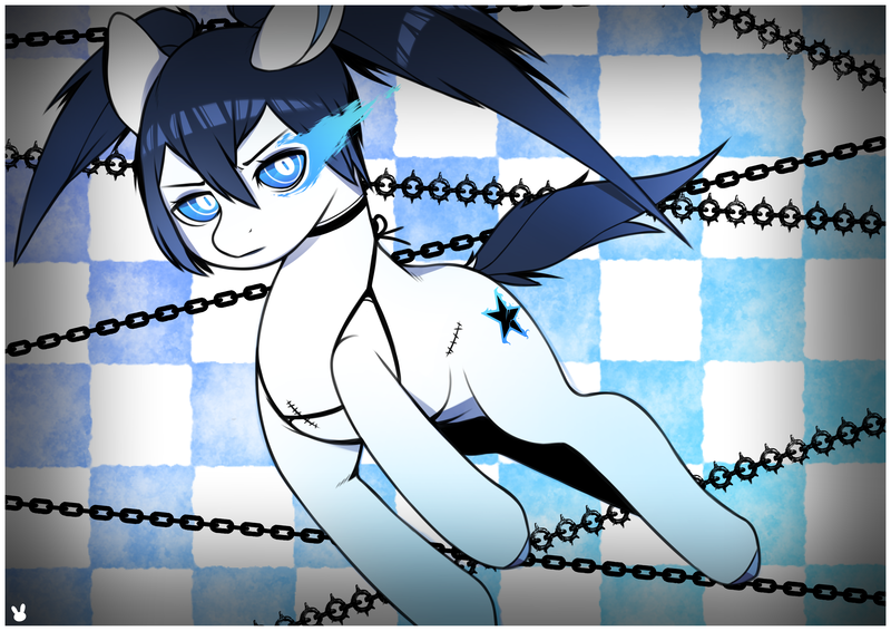Size: 3508x2481 | Tagged: safe, artist:sugarelement, derpibooru import, oc, oc:checkerboard, earth pony, pony, black rock shooter, blue eyes, blue flames, chains, image, png, solo