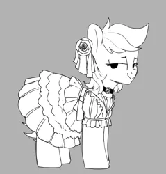 Size: 846x886 | Tagged: safe, artist:tallaferroxiv, oc, oc:ida, unofficial characters only, earth pony, pony, black and white, choker, clothes, dress, female, flower, flower in hair, gray background, grayscale, image, lidded eyes, mare, monochrome, png, rose, simple background, solo
