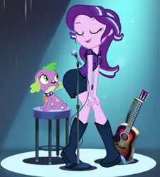 Size: 490x539 | Tagged: suggestive, derpibooru import, spike, starlight glimmer, dog, equestria girls, boots, clothes, cropped, cute, dancing, eyes closed, guitar, image, musical instrument, png, shimmy, shoes, spike the dog, spotlight