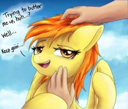 Size: 2000x1700 | Tagged: safe, artist:andromailus, spitfire, human, pegasus, pony, dialogue, female, human on pony petting, image, lidded eyes, mare, offscreen character, open mouth, petting, png, wings