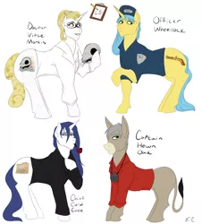Size: 1280x1415 | Tagged: safe, artist:sunflareworks, derpibooru import, oc, oc:cold case, oc:hewn oak, oc:vitae mortis, oc:wheellock, unofficial characters only, crystal pony, donkey, unicorn, fanfic:ponyville noire, clipboard, clothes, crystal unicorn, glasses, gun, handgun, image, jpeg, lab coat, pipe, pistol, police officer, rosary, scientist, skull, smoking, weapon