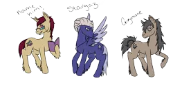 Size: 2500x1237 | Tagged: safe, artist:smilesupsidedown, derpibooru import, oc, unofficial characters only, earth pony, pegasus, pony, unicorn, book, earth pony oc, glasses, hoof hold, horn, image, male, pegasus oc, png, raised hoof, simple background, stallion, transparent background, two toned wings, unicorn oc, wings