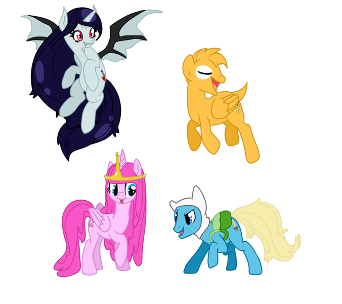 Size: 1413x1255 | Tagged: safe, artist:smilesupsidedown, derpibooru import, ponified, alicorn, bat pony, bat pony alicorn, pegasus, pony, adventure time, base used, bat ponified, bat wings, eyelashes, female, finn the human, flying, hat, horn, image, male, marceline, mare, png, princess bubblegum, race swap, raised hoof, simple background, smiling, stallion, transparent background, wings