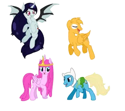 Size: 1413x1255 | Tagged: safe, artist:smilesupsidedown, derpibooru import, ponified, alicorn, bat pony, bat pony alicorn, pegasus, pony, adventure time, base used, bat ponified, bat wings, eyelashes, female, finn the human, flying, hat, horn, image, male, marceline, mare, png, princess bubblegum, race swap, raised hoof, simple background, smiling, stallion, transparent background, wings