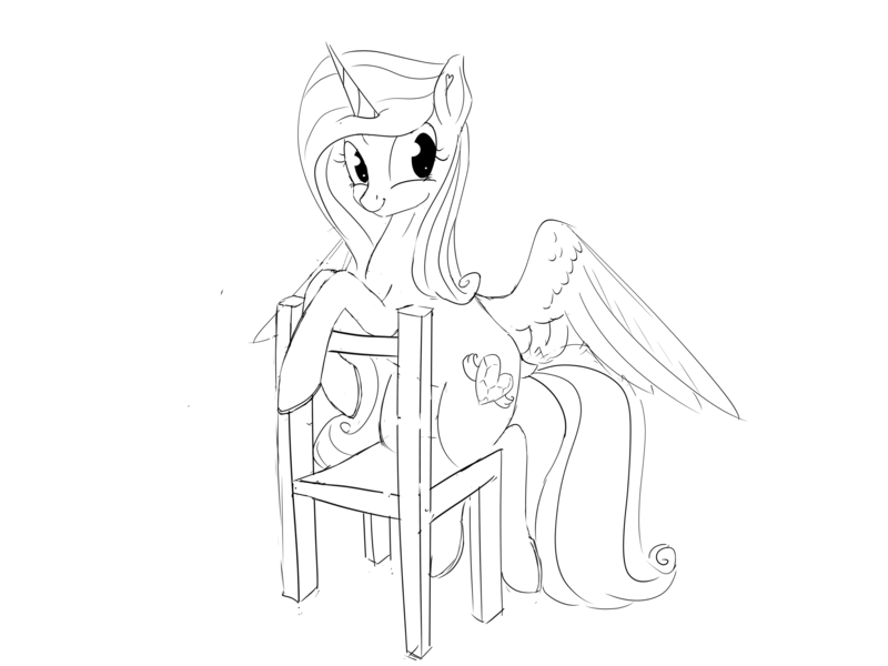 Size: 4000x3000 | Tagged: safe, artist:s.l.guinefort, derpibooru import, princess cadance, alicorn, pony, chair, dock, image, lineart, png, sketch, smiling, solo