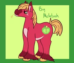 Size: 1750x1500 | Tagged: safe, artist:misskanabelle, derpibooru import, big macintosh, earth pony, pony, abstract background, freckles, hoof fluff, image, male, png, redesign, signature, solo, stallion, straw in mouth, unshorn fetlocks