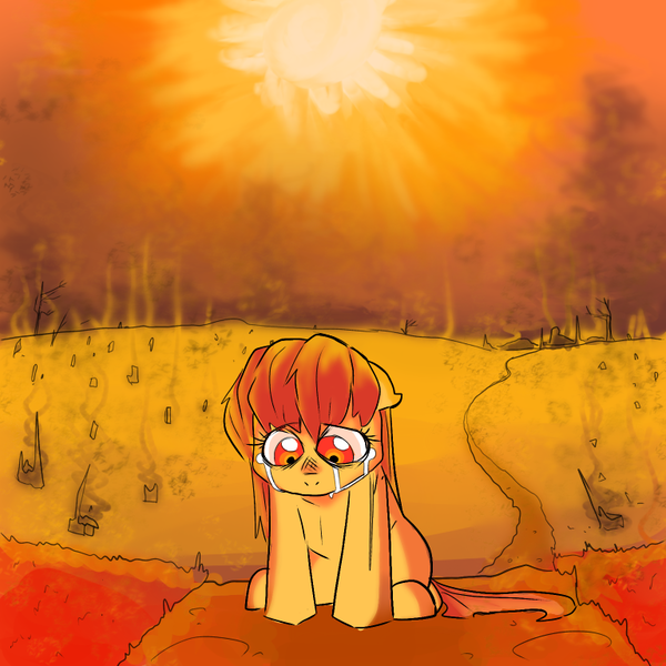 Size: 768x768 | Tagged: semi-grimdark, artist:smirk, derpibooru import, apple bloom, crying, dark, image, looking down, missing accessory, png, sad, smoke, solo