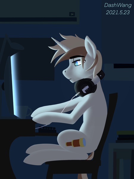 Size: 1668x2224 | Tagged: safe, artist:dash wang, derpibooru import, oc, oc:cream brun, pony, unicorn, computer, headphones, image, jpeg, male, sitting