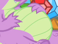 Size: 202x154 | Tagged: safe, derpibooru import, edit, edited screencap, editor:luckyjay7, screencap, spike, dragon, owl's well that ends well, belly, big belly, cropped, fat, fat spike, gem, image, male, pictures of bellies, png, solo