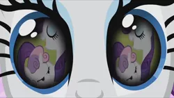 Size: 1280x720 | Tagged: safe, derpibooru import, screencap, rarity, sweetie belle, magical mystery cure, sisterhooves social, eye reflection, eyes closed, female, half-closed eyes, image, jpeg, reflection