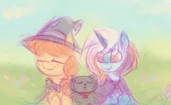 Size: 3680x2260 | Tagged: safe, artist:equmoria, derpibooru import, oc, oc:gloomy spring, oc:mrs. fluff, oc:pumpkin jam, unofficial characters only, cat, earth pony, pony, unicorn, female, hat, image, mare, png, solo, witch hat