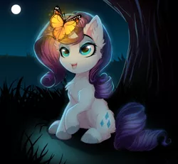 Size: 800x738 | Tagged: safe, artist:lucid-guardian, derpibooru import, rarity, butterfly, insect, pony, unicorn, chest fluff, commission, ear fluff, female, glow, image, mare, moon, night, png, sitting, tree, unshorn fetlocks