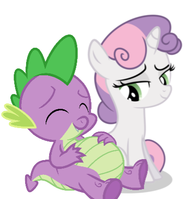 Size: 387x404 | Tagged: safe, derpibooru import, editor:luckyjay7, spike, sweetie belle, dragon, pony, unicorn, owl's well that ends well, belly, big belly, duo, eyes closed, fat spike, female, filly, image, male, png, shipping, simple background, sitting, spikebelle, straight, stuffed, transparent background, vector