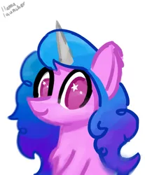 Size: 1737x2100 | Tagged: safe, artist:llamalauncher, derpibooru import, izzy moonbow, pony, unicorn, bust, chest fluff, cute, female, g5, image, izzybetes, looking at you, mare, png, portrait, signature, simple background, smiling, solo, starry eyes, stars, white background, wingding eyes