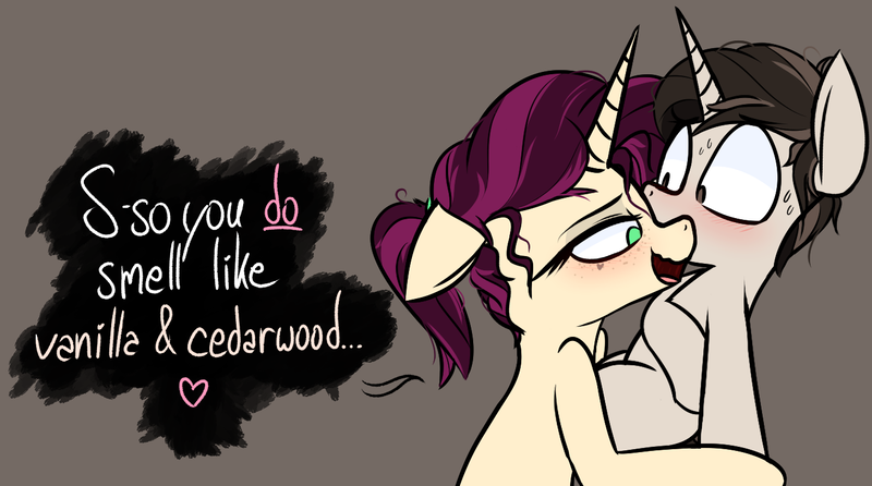 Size: 1395x778 | Tagged: suggestive, artist:pinkberry, derpibooru import, oc, oc:mulberry merlot, oc:sepher gray, pony, age difference, blushing, colt, female, foalcon, freckles, heart, image, imminent foalcon, male, mare, mare on colt, nervous, nervous sweat, png, smell, smelling, speech, straight, straight shota, sweat, sweatdrop, sweatdrops, talking, tattoo, text, underage