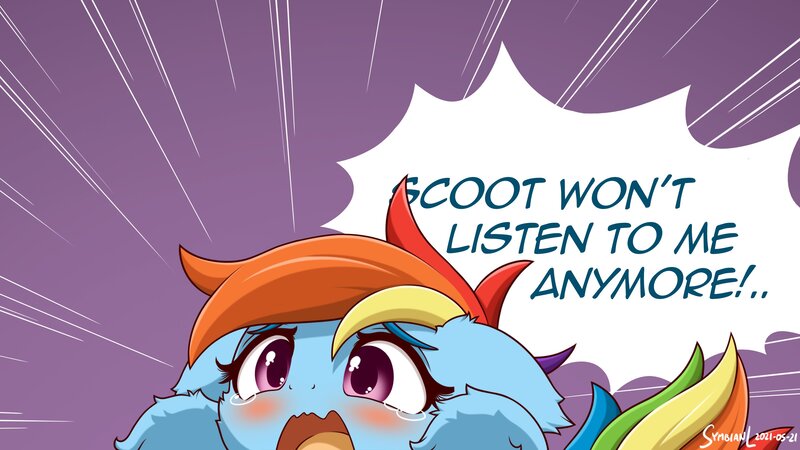 Size: 3200x1800 | Tagged: safe, artist:symbianl, derpibooru import, rainbow dash, pegasus, pony, adorable distress, blatant lies, blushing, cheek fluff, crying, cute, dashabetes, dialogue, ear fluff, female, floppy ears, fluffy, high res, image, jpeg, leg fluff, mare, open mouth, scared, scaredy dash, solo, speech bubble, tears of fear, teary eyes