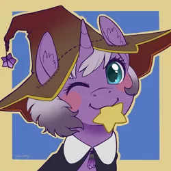 Size: 3000x3000 | Tagged: safe, artist:taytinabelle, derpibooru import, oc, oc:witching hour, unofficial characters only, pony, unicorn, avatar, blue background, blushing, bust, cape, clothes, cute, ear fluff, female, freckles, happy, hat, image, jewelry, looking at you, mare, mouth hold, necklace, one eye closed, png, simple background, smiling, solo, wink, winking at you, witch hat, yellow background