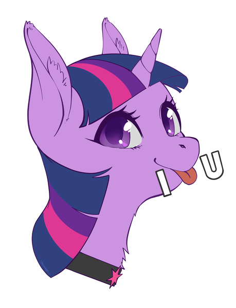 Size: 2346x3068 | Tagged: safe, artist:taytinabelle, derpibooru import, twilight sparkle, pony, unicorn, :p, bust, choker, collar, cutie mark accessory, ear fluff, female, i <3 u, image, looking at you, mare, png, ponified animal photo, simple background, smiling, solo, text, tongue out, white background