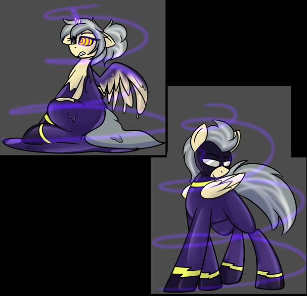 Size: 3000x2900 | Tagged: safe, artist:askhypnoswirl, derpibooru import, oc, oc:mercury shine, unofficial characters only, goo, pegasus, black background, clothes, corrupted, costume, gray background, hypno eyes, hypnosis, hypnotized, image, png, race swap, shadowbolts costume, simple background, solo, swirly eyes, transformation