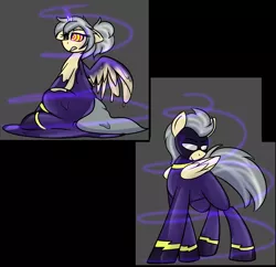Size: 3000x2900 | Tagged: safe, artist:askhypnoswirl, derpibooru import, oc, oc:mercury shine, unofficial characters only, goo, pegasus, black background, clothes, corrupted, costume, gray background, hypno eyes, hypnosis, hypnotized, image, png, race swap, shadowbolts costume, simple background, solo, swirly eyes, transformation