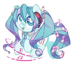 Size: 995x866 | Tagged: safe, artist:yokokinawa, derpibooru import, ponified, pony, anime, chibi, hatsune miku, headphones, image, kotobukiya hatsune miku pony, music notes, necktie, png, simple background, vocaloid, white background, white pupils