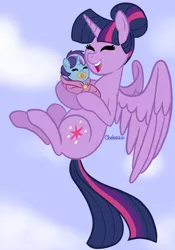 Size: 1676x2400 | Tagged: safe, artist:chelseawest, derpibooru import, twilight sparkle, twilight sparkle (alicorn), oc, oc:starfire spark, alicorn, pony, baby, baby pony, cuddling, female, flying, image, mama twilight, mother and child, mother and daughter, offspring, pacifier, parent:flash sentry, parent:twilight sparkle, parents:flashlight, png, tied hair