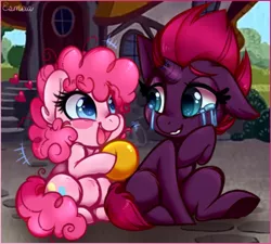 Size: 556x501 | Tagged: safe, artist:esmeia, derpibooru import, fizzlepop berrytwist, pinkie pie, tempest shadow, earth pony, pony, unicorn, ball, blushing, broken horn, crying, detailed background, female, happy, heart, horn, image, lesbian, png, shipping, sitting, smiling, tears of joy, tempestpie