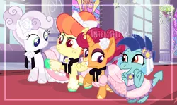 Size: 2232x1328 | Tagged: safe, artist:interstellar-quartz, derpibooru import, apple bloom, princess ember, scootaloo, sweetie belle, dragon, pony, alternate design, baby, baby dragon, baby ember, cutie mark crusaders, image, png, younger