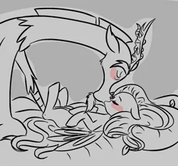Size: 2048x1920 | Tagged: safe, artist:thechaoticboop, derpibooru import, discord, fluttershy, draconequus, pegasus, pony, bed, blushing, discoshy, eyes closed, female, image, jpeg, kissing, leaning forward, lying down, male, on back, pillow, shipping, size difference, spread wings, straight, wings