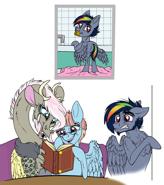 Size: 5279x5952 | Tagged: safe, artist:celestial-rainstorm, derpibooru import, windy whistles, oc, oc:athena, oc:jetstream, draconequus, hybrid, pegasus, pony, absurd resolution, baby, baby pony, image, interspecies offspring, jpeg, male, offspring, older, parent:discord, parent:fluttershy, parent:rainbow dash, parent:soarin', parents:discoshy, parents:soarindash, stallion