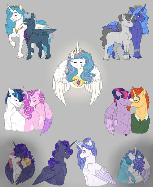 Size: 1920x2335 | Tagged: safe, artist:ganashiashaka, derpibooru import, princess cadance, princess celestia, princess flurry heart, princess luna, shining armor, sunburst, twilight sparkle, oc, oc:prince somnium, alicorn, earth pony, pegasus, pony, unicorn, arranged marriage, canon x oc, female, glasses, gray background, image, infidelity, jpeg, male, mare, offspring, offspring shipping, older, older flurry heart, parent:princess luna, parent:star swirl the bearded, s1 luna, shiningcadance, shipping, simple background, stallion, straight, twiburst