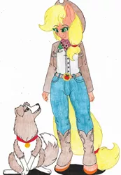 Size: 1280x1847 | Tagged: safe, artist:firestormcabbit, derpibooru import, applejack, winona, anthro, dog, earth pony, unguligrade anthro, boots, clothes, cowboy boots, cowboy hat, cowgirl, duo, female, hat, image, jeans, jpeg, looking at each other, pants, shoes, simple background, sitting, stetson, traditional art, white background