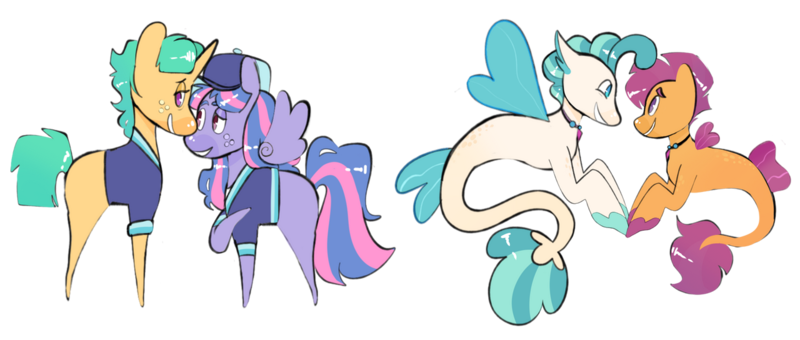 Size: 1280x544 | Tagged: safe, artist:webkore, derpibooru import, scootaloo, snails, terramar, wind sprint, pegasus, pony, seapony (g4), unicorn, female, image, male, mare, older, older scootaloo, older snails, older terramar, older wind sprit, png, seaponified, seapony scootaloo, shipping, simple background, species swap, stallion, straight, terraloo, transparent background, windsnails