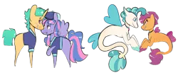 Size: 1280x544 | Tagged: safe, artist:webkore, derpibooru import, scootaloo, snails, terramar, wind sprint, pegasus, pony, seapony (g4), unicorn, female, image, male, mare, older, older scootaloo, older snails, older terramar, older wind sprit, png, seaponified, seapony scootaloo, shipping, simple background, species swap, stallion, straight, terraloo, transparent background, windsnails