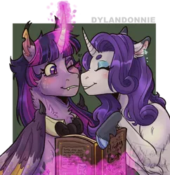 Size: 800x825 | Tagged: safe, artist:dylandonnie, derpibooru import, rarity, twilight sparkle, twilight sparkle (alicorn), alicorn, pony, unicorn, bat wings, blushing, book, bowtie, chest fluff, ear piercing, earring, eyes closed, fangs, female, glowing horn, horn, image, jewelry, lesbian, mare, one eye closed, piercing, png, rarilight, shipping, simple background, transparent background, wings