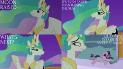 Size: 1280x720 | Tagged: safe, derpibooru import, edit, edited screencap, editor:quoterific, screencap, princess celestia, starlight glimmer, alicorn, pony, unicorn, a royal problem, season 7, crown, female, image, jewelry, jpeg, mare, night, nose in the air, open mouth, raised hoof, regalia, sleeping